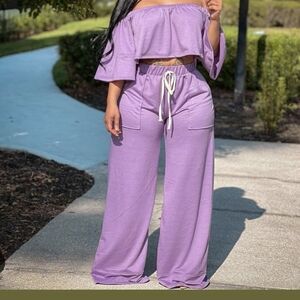 Lavender Wide-Leg Drawstring Pant Set - Women